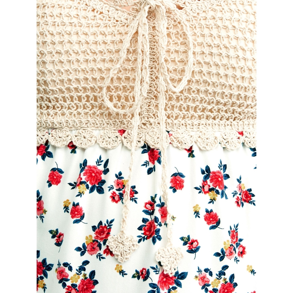 Beige Cochet Bra Cup, Red Floral White Summer Spring Tank Top Medium - Picture 4 of 4